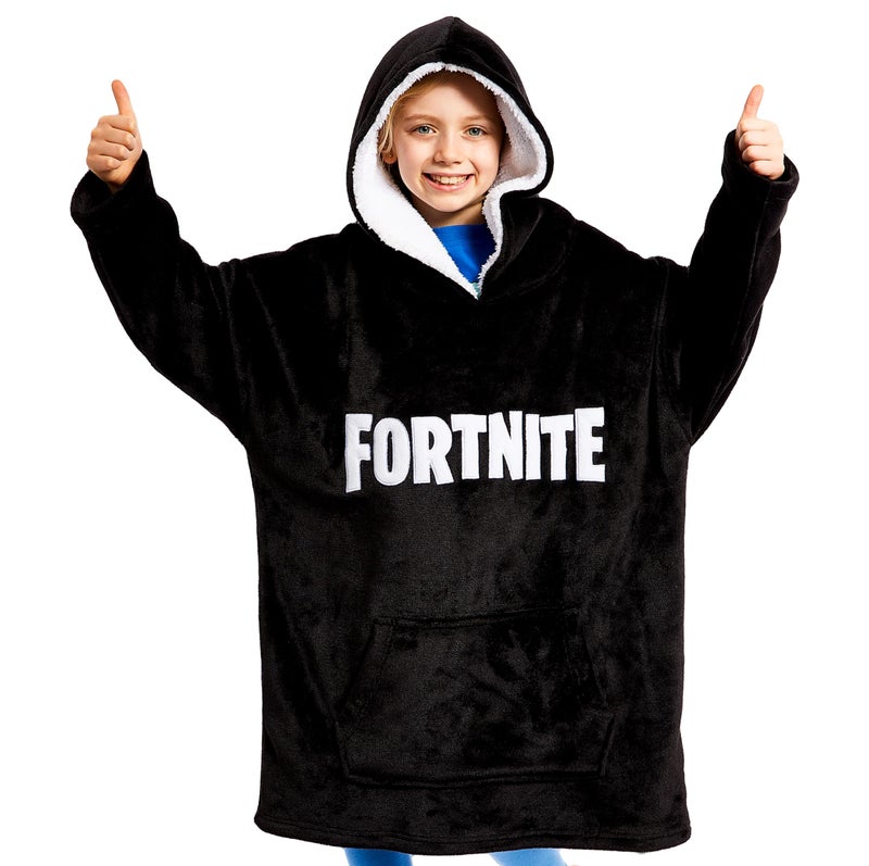FORTNITE بطانية هودي فورتنايت هدايا للأولاد والمراهقين، سترة فليس كبيرة مع غطاء رأس مبطن بشيربا، بطانية قابلة للارتداء للاعبين (طباعة سوداء للأطفال) - Image 1